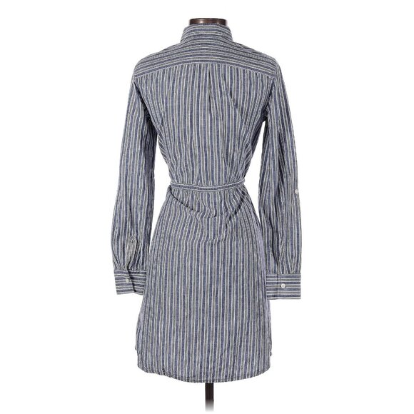 Tommy Hilfiger Denim Chambray White Striped Roll Tab Sleeve Belted Shirt Dress S - Picture 2 of 6